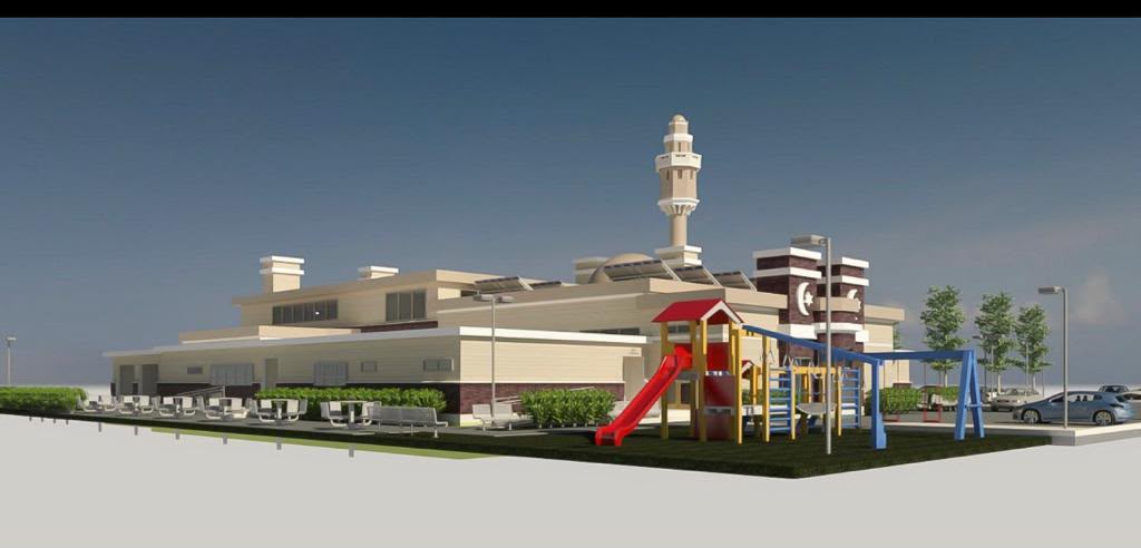 Exterior rendering showing the courtyard and children's playground